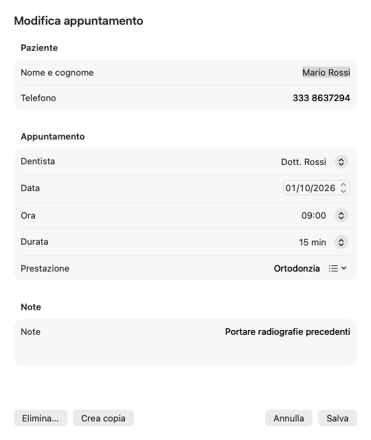 Scheda di un appuntamento